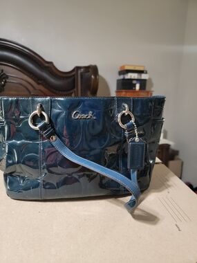 Coach Patent Leather Tote in Deep Teal Blue